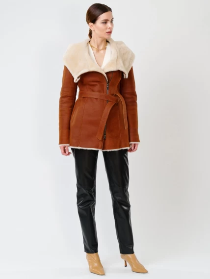 Короткая женская дубленка косуха с капюшоном 200, табачно-рыжая, размер 44, артикул 61701-3