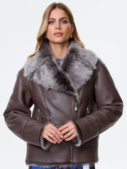 Короткое женское полупальто из натуральной овчины тоскана премиум класса 2049, коричневое, размер 44, артикул 64420-4