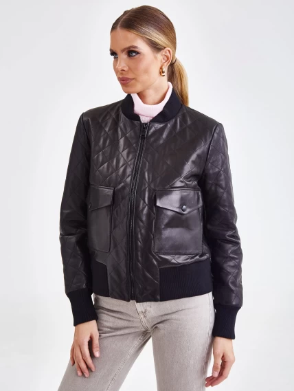 Кожаный стеганый женский бомбер премиум класса 3042, черный, размер 50, артикул 23251-0