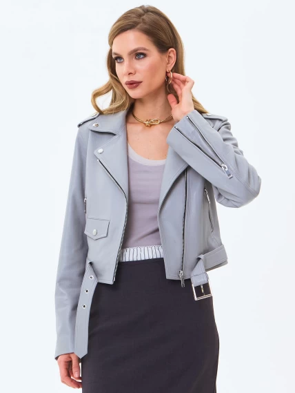 Женская кожаная куртка косуха с поясом премиум класса 3080, серая, размер 42, артикул 24530-4