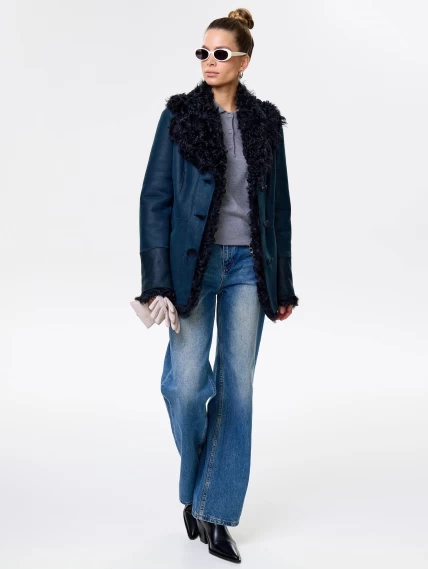 Короткая женская дубленка с овчиной тиградо 289, синяя, размер 42, артикул 61951-2