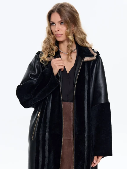 Женская дубленка на молнии с норковым воротником премиум класса 2040, черная, размер 46, артикул 63120-0