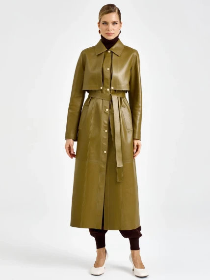 Зеленый женский длинный кожаный плащ премиум класса 3103, размер 44, артикул 92130-4