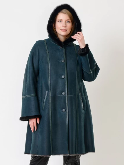 Женская дубленка с капюшоном и отделкой из меха норки 225у, синяя, размер 66, артикул 14860-6