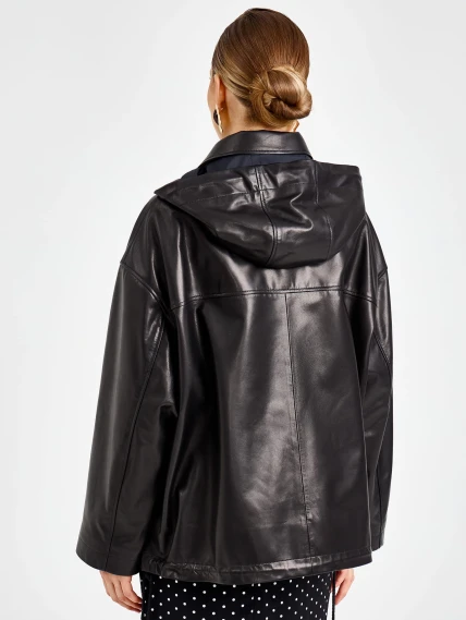 Черная женская кожаная куртка с капюшоном премиум класса 3102, размер 48, артикул 92210-5