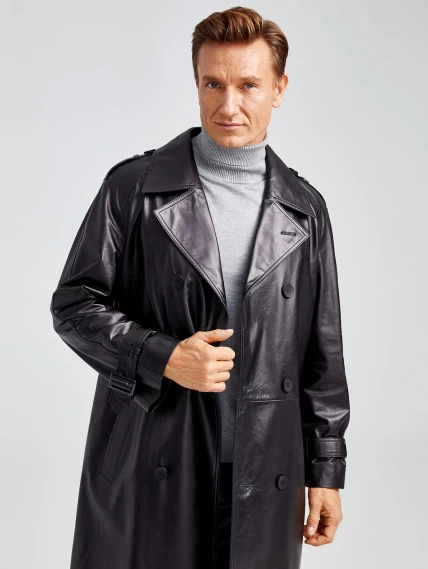 Мужской двубортный кожаный плащ премиум класса 553, черный, размер 52, артикул 28910-1