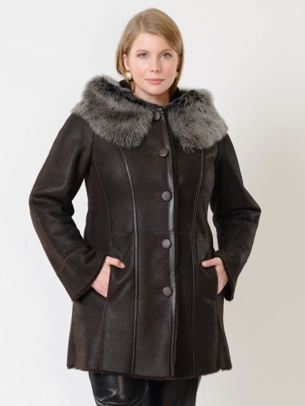 Женская дубленка с капюшоном из тосканы 270, коричневая, размер 66, артикул 14720-5
