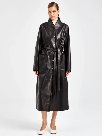 Длинный женский кожаный плащ премиум класса 3099, черный, размер 48, артикул 92120-5