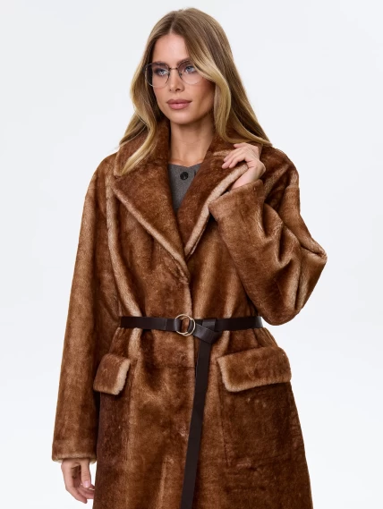 Длинная женская дубленка из астрагана премиум класса 2053, коричневая, размер 48, артикул 64150-5