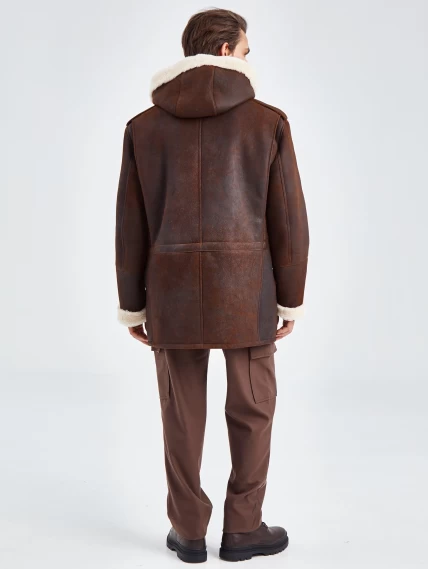 Дубленка мужская с капюшоном премиум класса 433, коричневая, размер 48, артикул 70750-6
