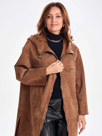 Замшевое женское пальто оверсайз с капюшоном на молнии премиум класса 3058з-0