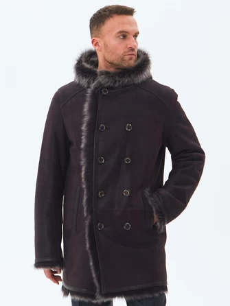 Двубортная мужская дубленка из тосканы с капюшоном премиум класса 415-0