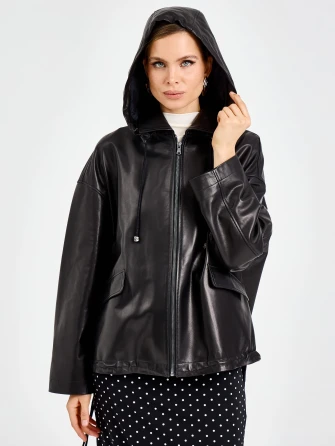 Черная женская кожаная куртка с капюшоном премиум класса 3102-1
