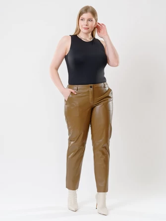 Коричневые зауженные женские кожаные брюки 03-0