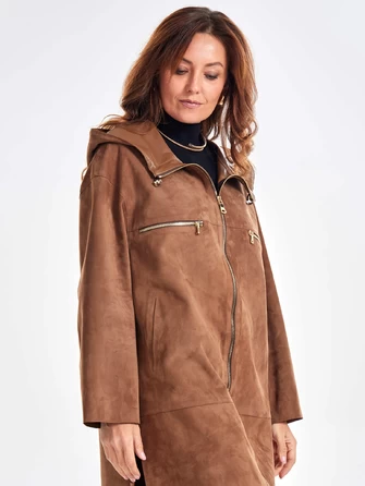 Замшевое женское пальто оверсайз с капюшоном на молнии премиум класса 3058з-1