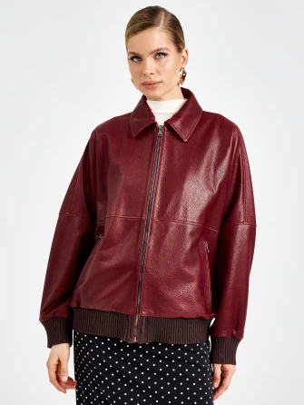Женская бордовая кожаная куртка бомбер премиум класса 3106-1