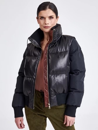 Комбинированная стеганая женская кожаная куртка бомбер 3029-1
