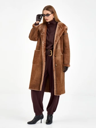 Длинная женская дубленка с капюшоном 2079-1