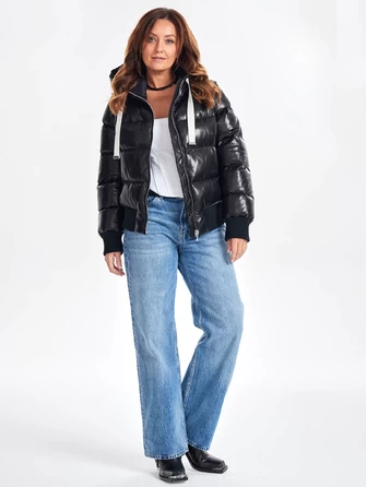 Утепленная стеганая кожаная куртка с капюшоном премиум класса для женщин 3077-1