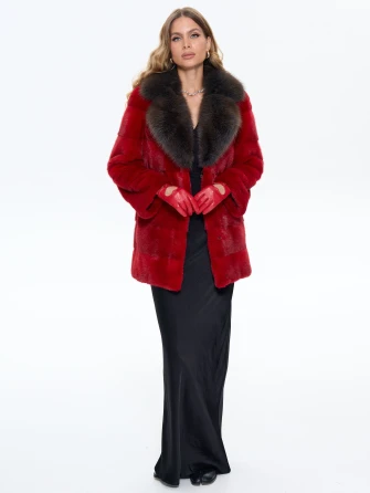 Красная норковая шуба с куницей 2Б-1