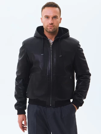 Мужская зимняя кожаная куртка бомбер с капюшоном премиум класса 561мех-0