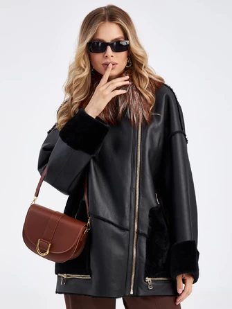 Женская куртка оверсайз из натуральной овчины с воротником из меха лисицы премиум класса 2042-0