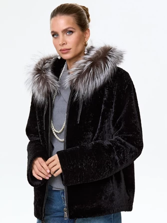 Короткая дубленка из астрагана с капюшоном и мехом песца для женщин 50мех-0