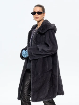 Женская норковая шуба с капюшоном М-101-9- 708-1