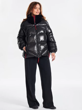 Женский стеганый кожаный пуховик с норковым воротником премиум класса 3072-1